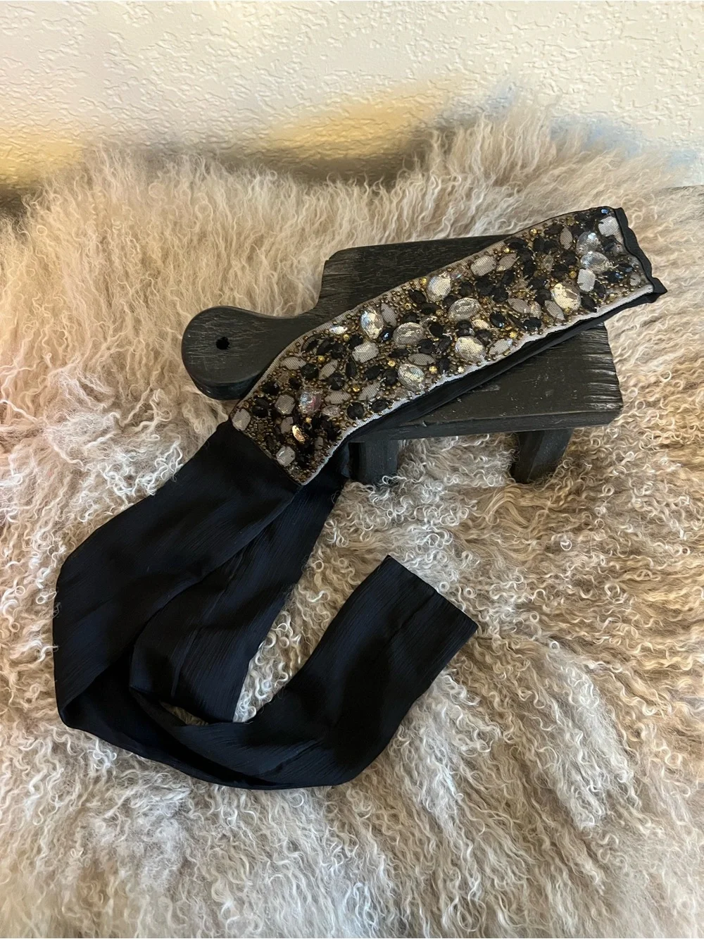 Embellished Black Beaded Headband with Ribbon Tie